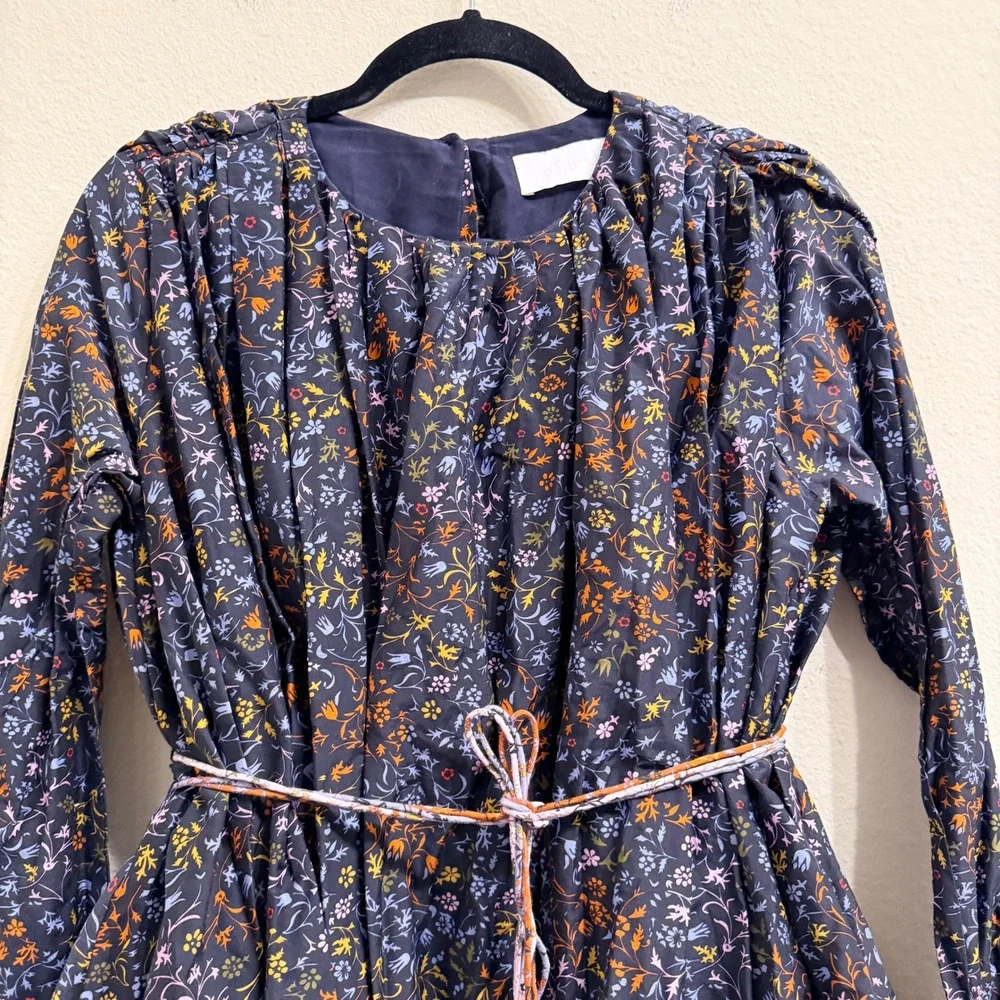 Elliette Tate Floral Silk‎ Mini Dress Womens 4 Navy Blue Rope Belted Bloomcore